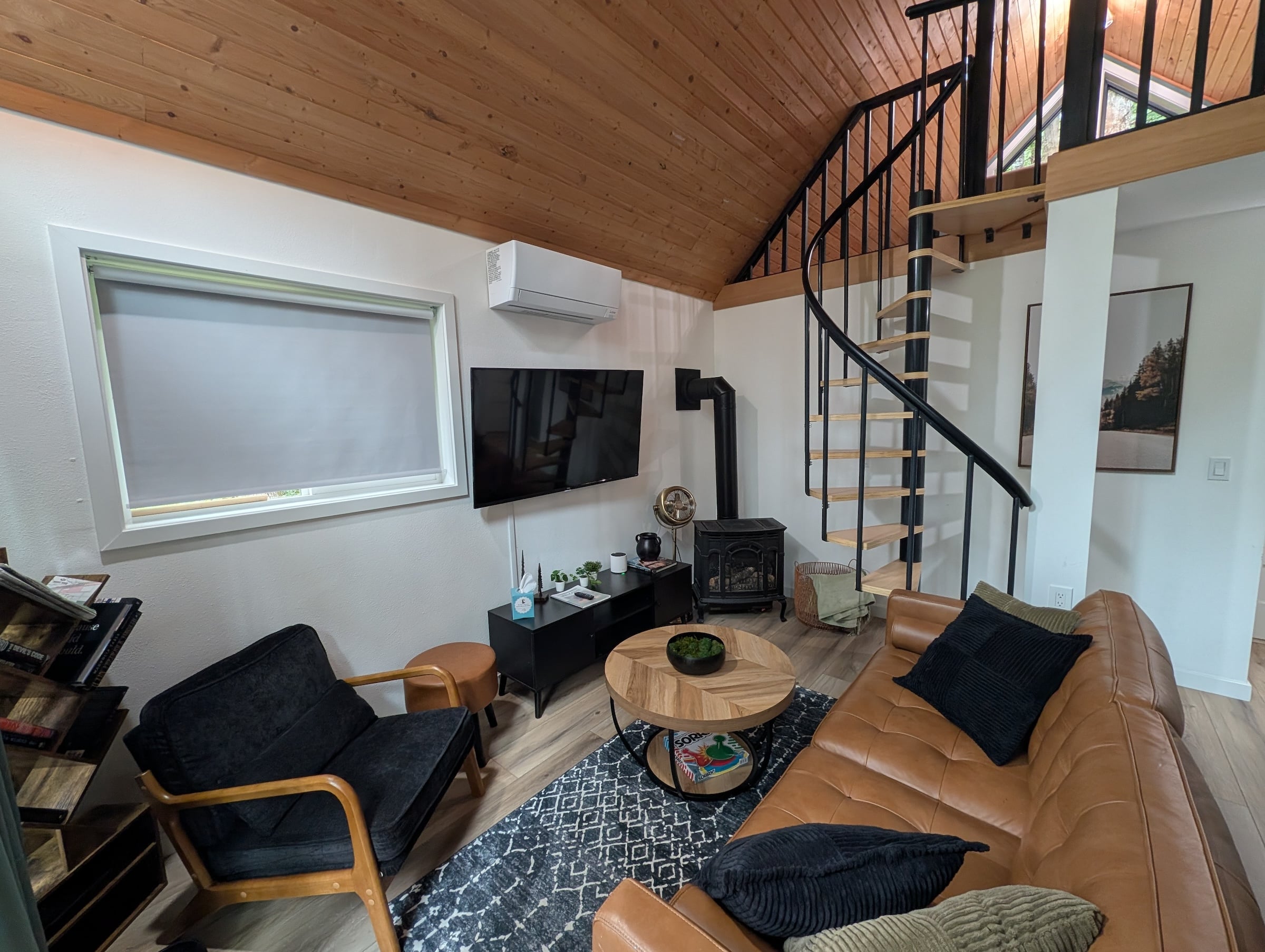 Modern house with a ductless heat pump head unit on the wall